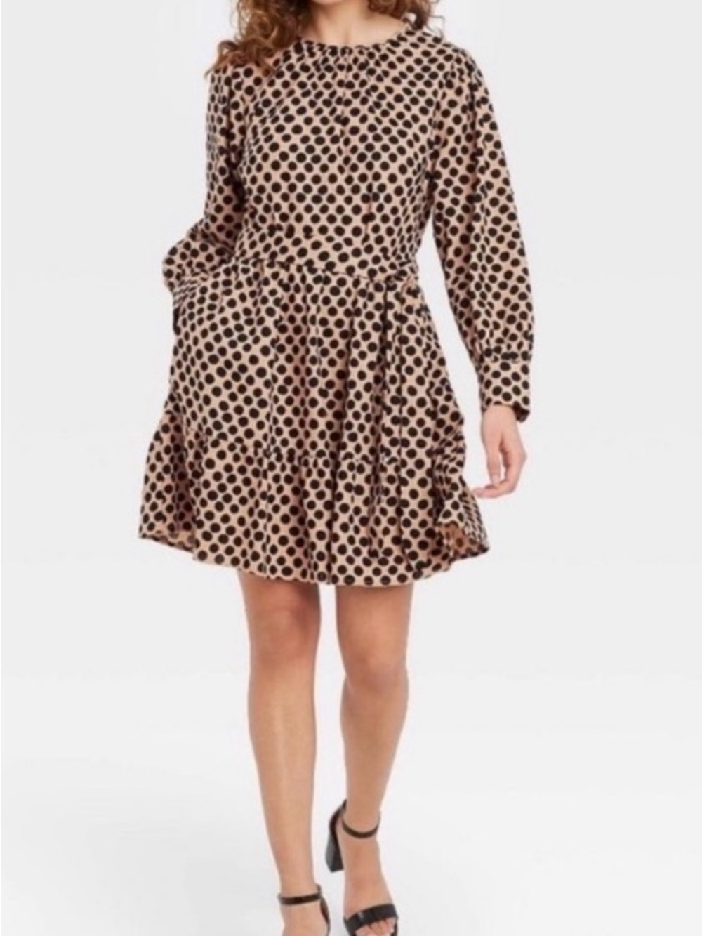 Who What Wear Beige Polka Dot Long-Sleeve Ruffle Hem Dress
